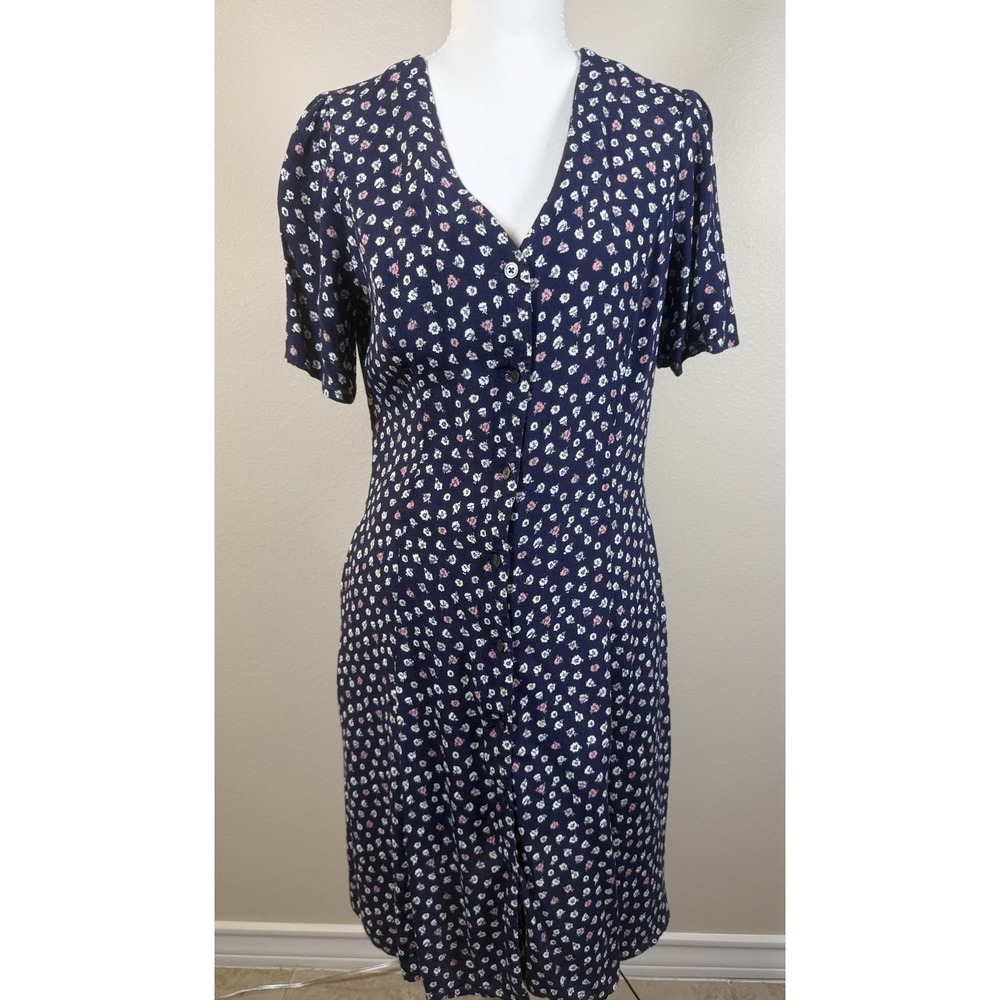 Gap Women's 8 Tall Navy Floral Button Front Midi Dress Short Sleeve Pockets